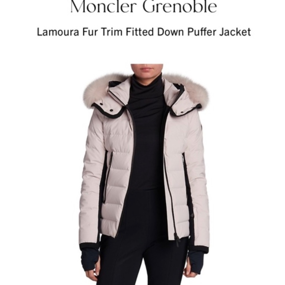Moncler Grenoble Lamoura Fur Trim Fitted Down Puffer Jacket size 0 xs white